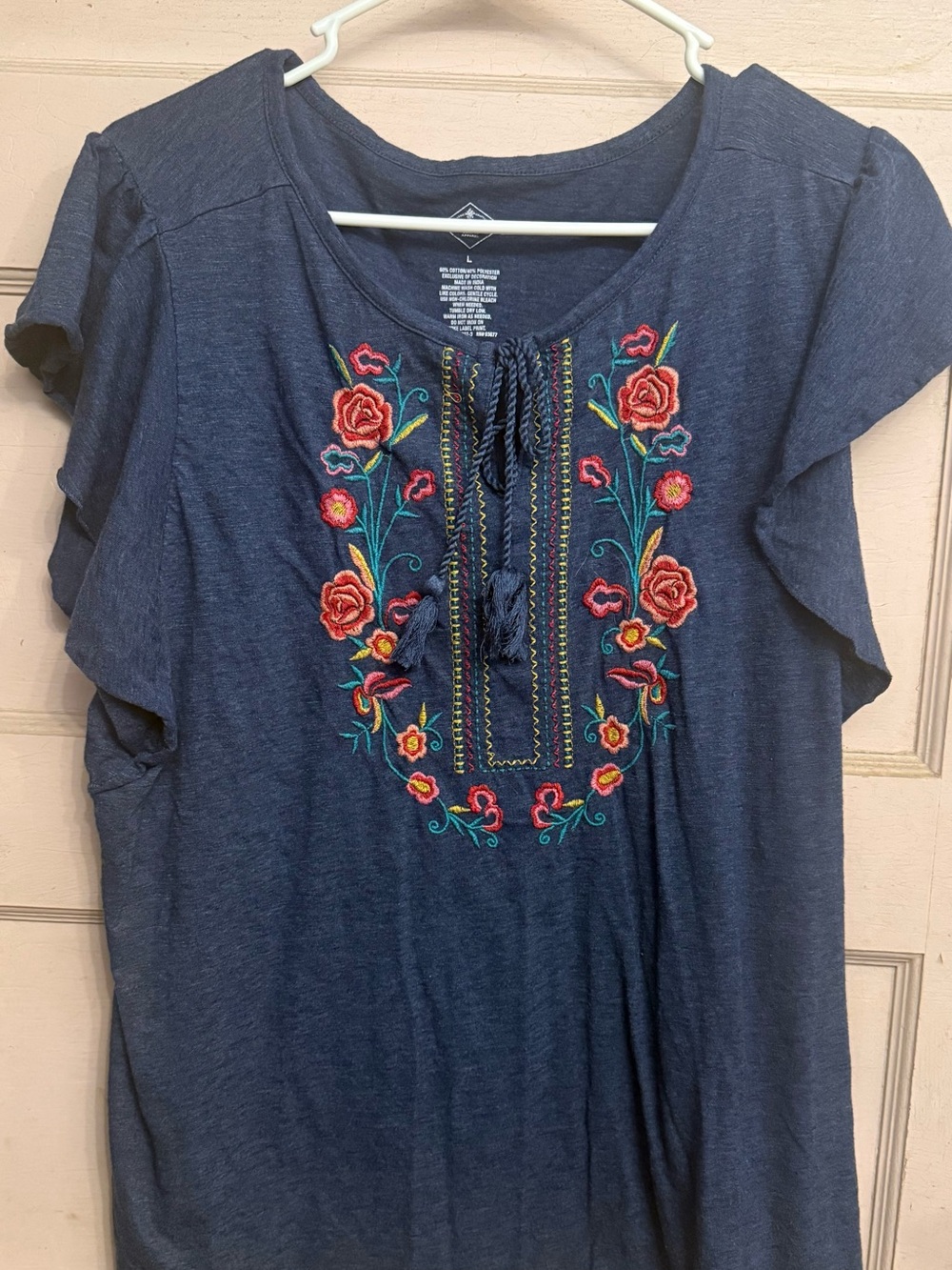 St. John's Bay Navy Embroidered Floral Flutter Sleeve Tunic